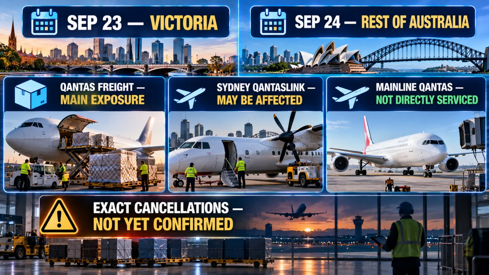 Infographic comparing September 23 and 24 Qantas ground-worker strike dates with freight and passenger exposure