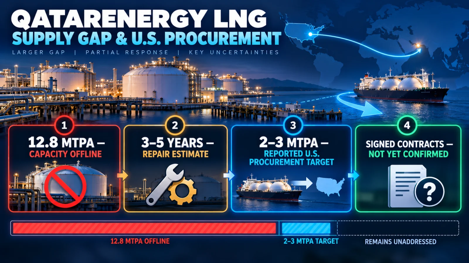Infographic comparing QatarEnergy's confirmed 12.8 mtpa LNG capacity loss with the reported 2–3 mtpa U.S. procurement target