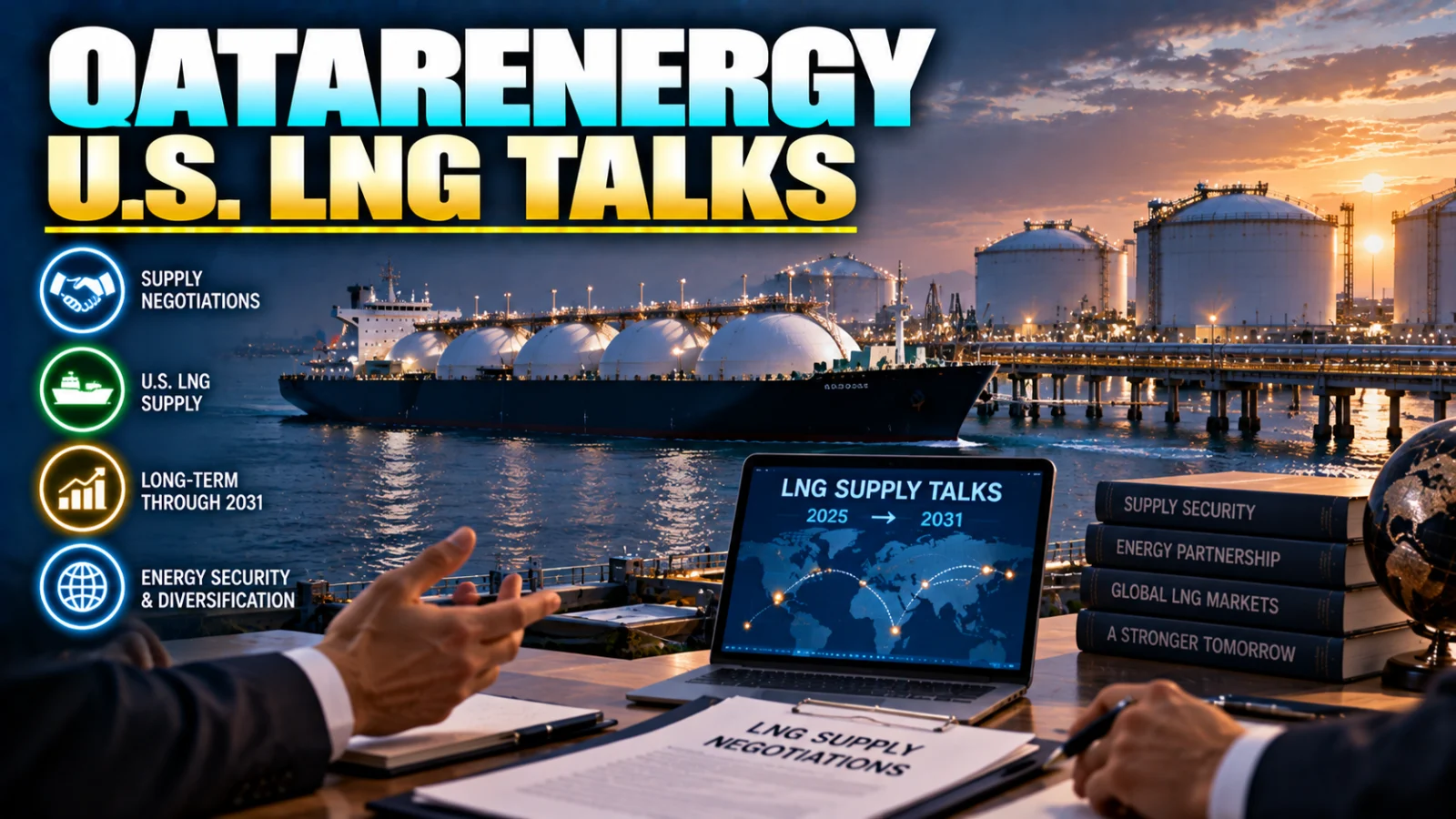 Editorial LNG carrier and terminal illustration for QatarEnergy's reported U.S. LNG negotiations
