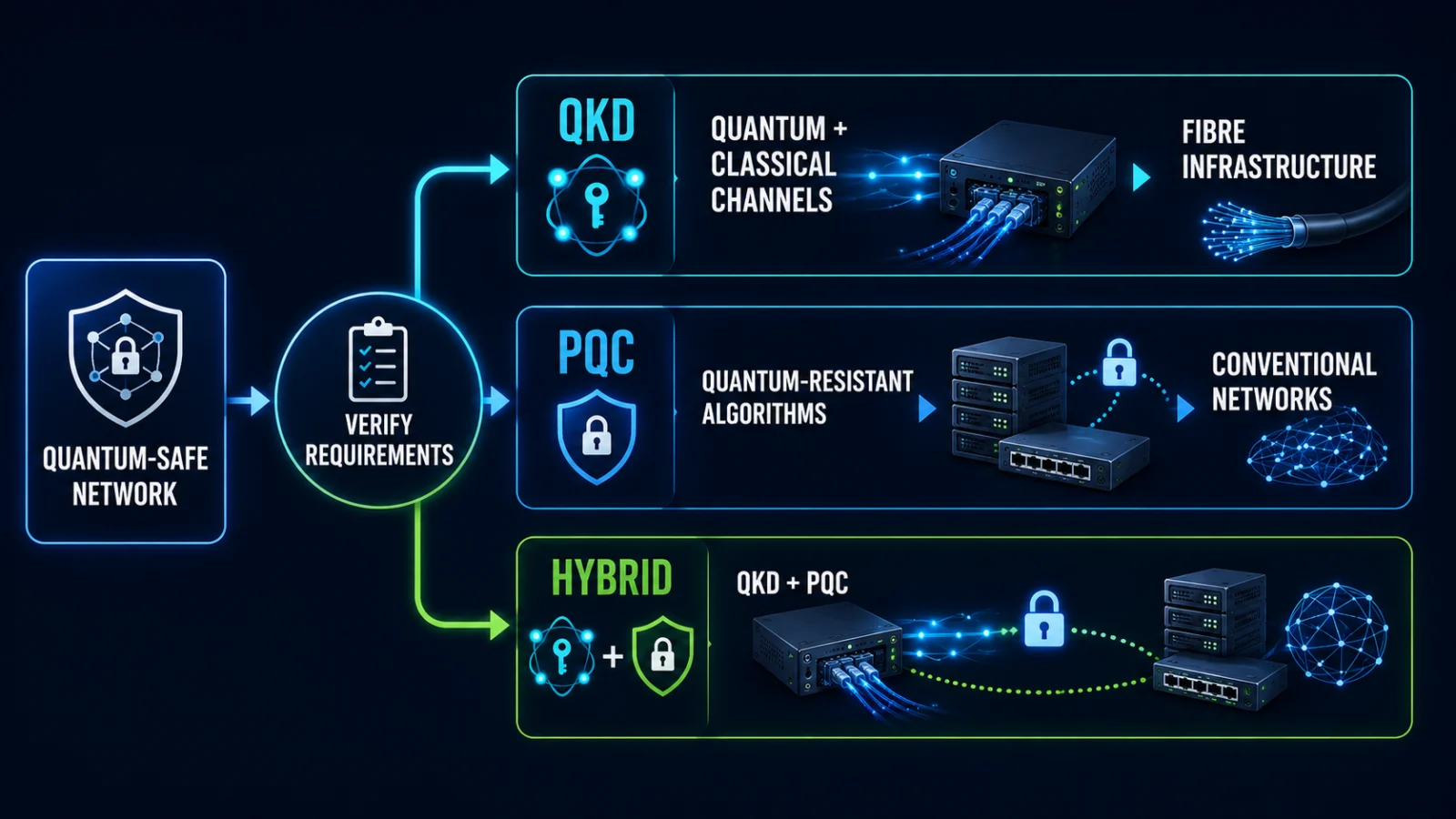 Decision path comparing QKD, PQC and hybrid quantum-safe network architectures