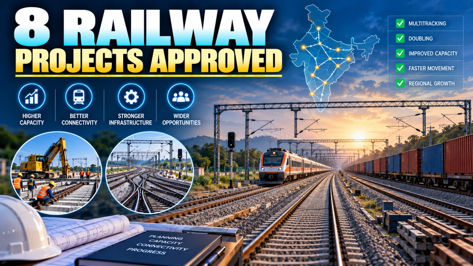 Editorial illustration of Indian railway multitracking and doubling projects approved for future capacity expansion