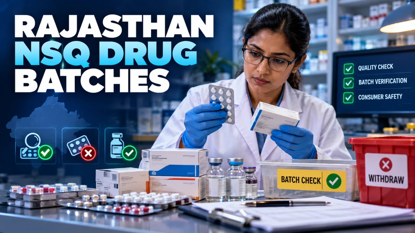 Pharmacy professional checking medicine batch numbers after Rajasthan NSQ drug withdrawal reporting