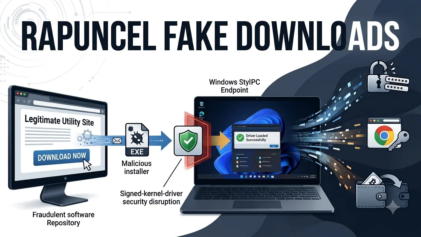 Editorial cybersecurity illustration of the Rapuncel infostealer spreading through fake software repositories