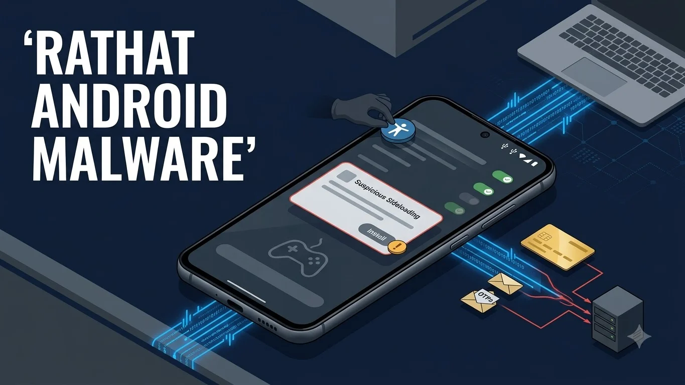 Android phone security illustration showing malicious app installation, Accessibility abuse and ADB shell control