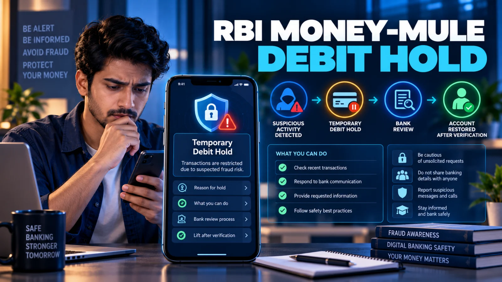 Indian bank customer reviewing RBI's proposed money-mule debit-hold process
