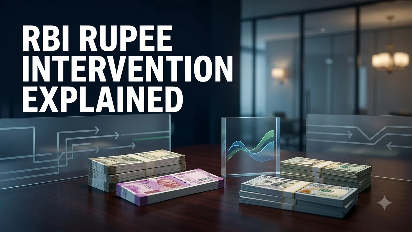 Editorial illustration explaining reported RBI intervention in the rupee-dollar foreign-exchange market
