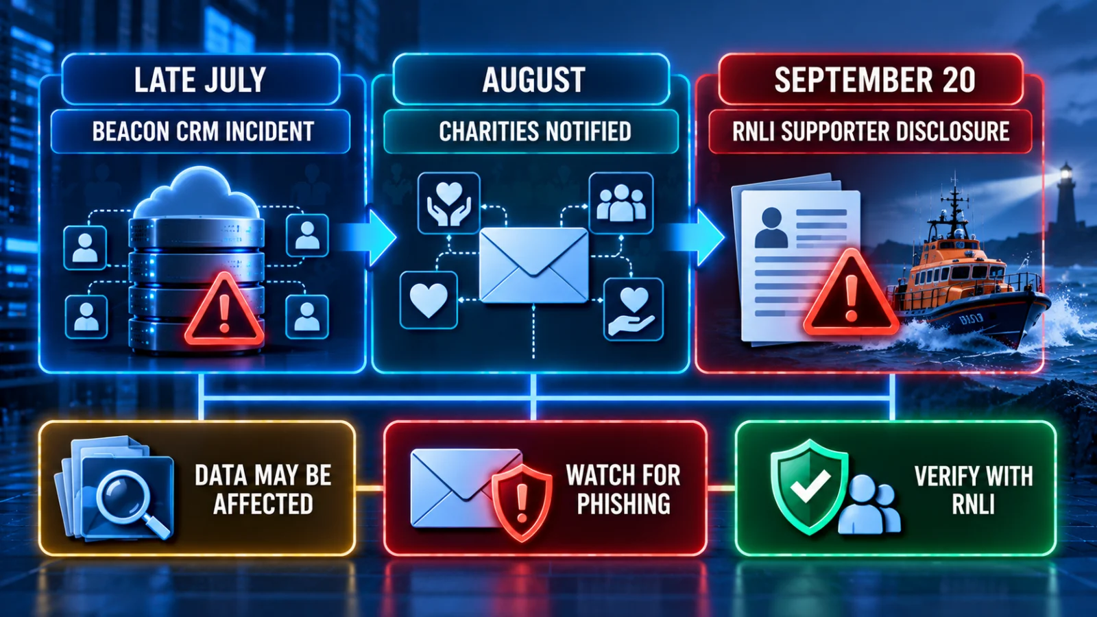 Timeline explaining the older Beacon CRM incident and later RNLI supporter-data disclosure
