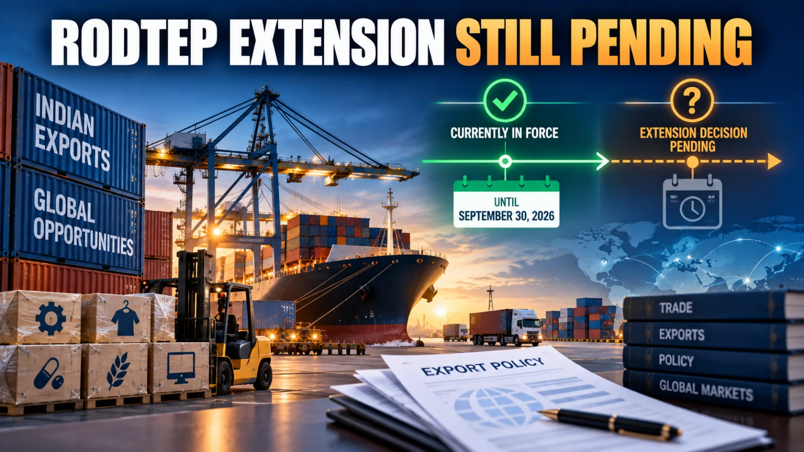 Indian export cargo illustration showing RoDTEP continuation is still awaiting official post-September confirmation