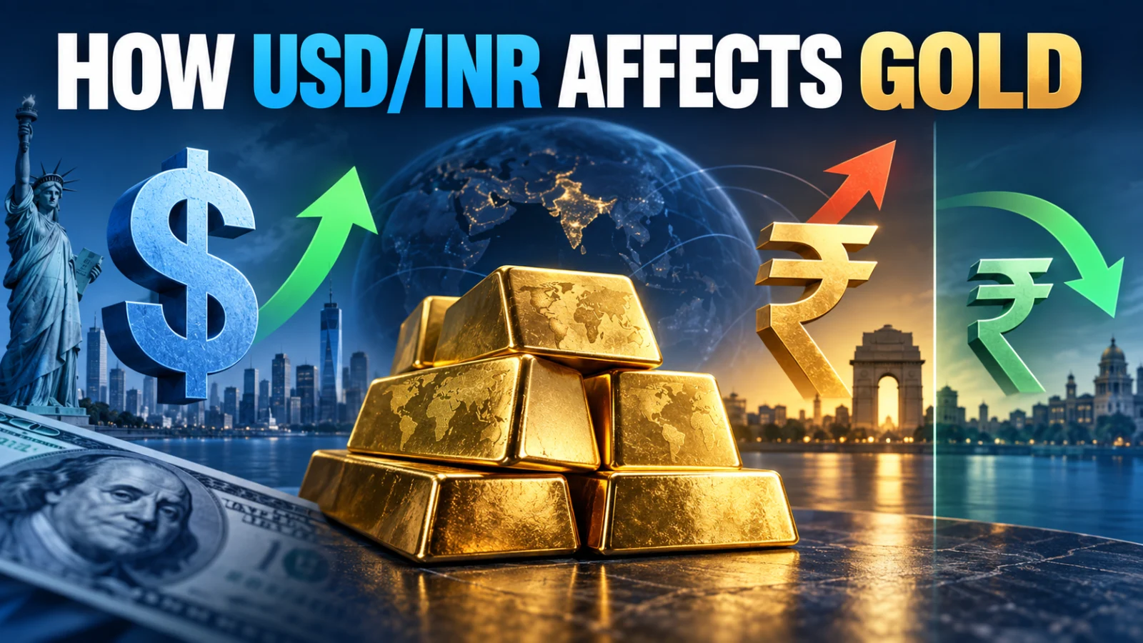 Indian rupee and gold bullion illustrating USD/INR transmission into Indian gold prices