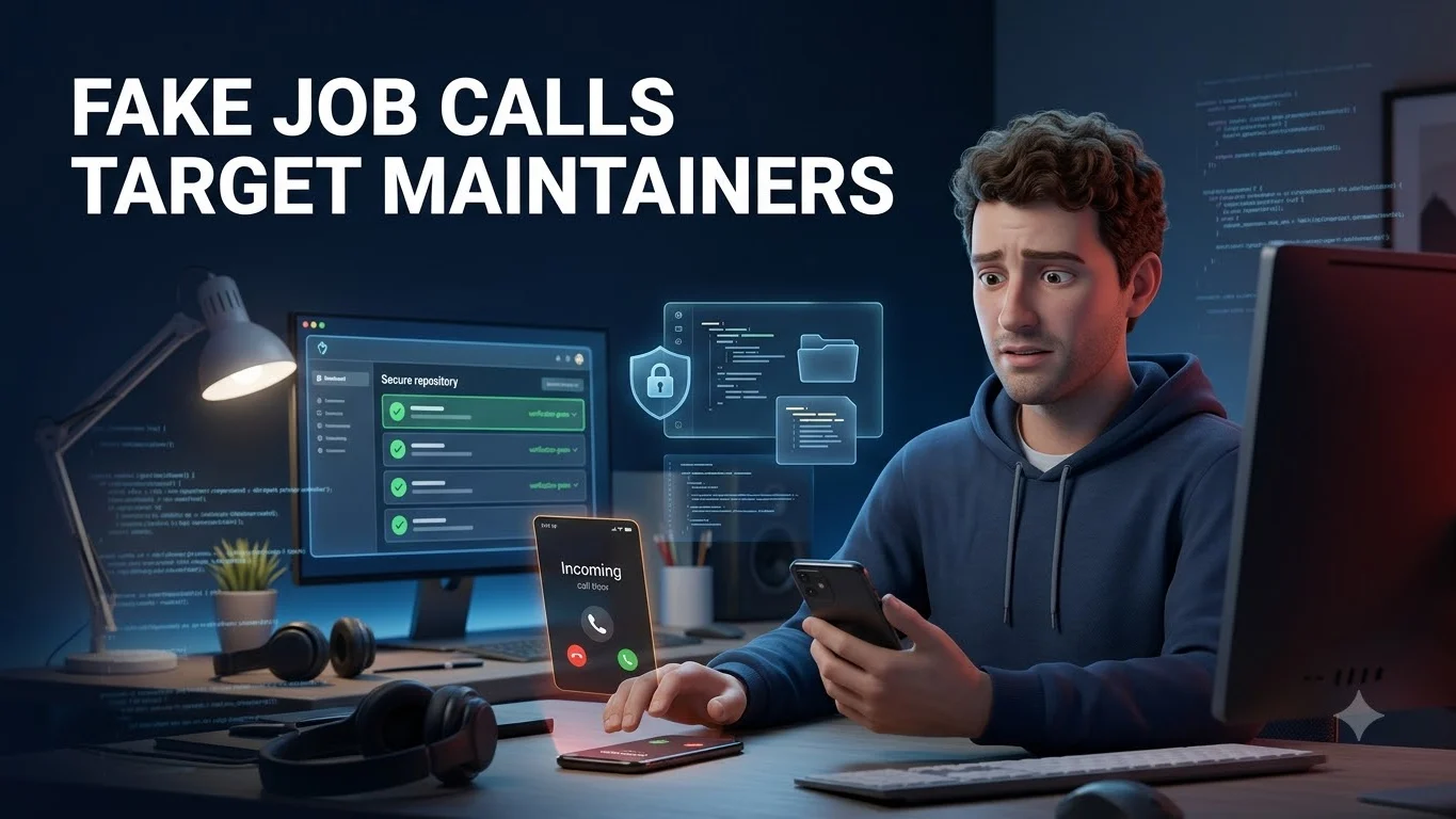 Cybersecurity illustration showing deceptive job-call outreach targeting a software package maintainer and publishing account