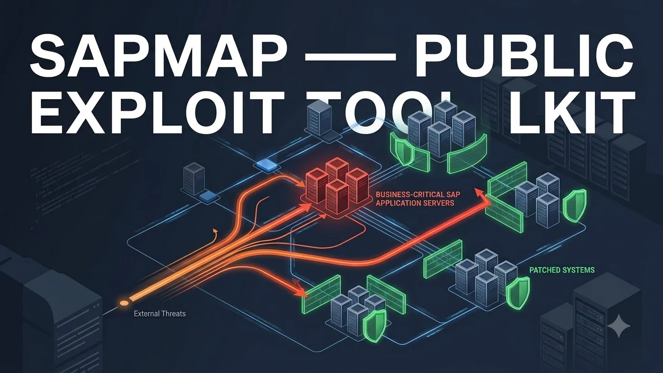 Cybersecurity illustration showing multiple public exploit paths targeting enterprise SAP-style systems with patch barriers