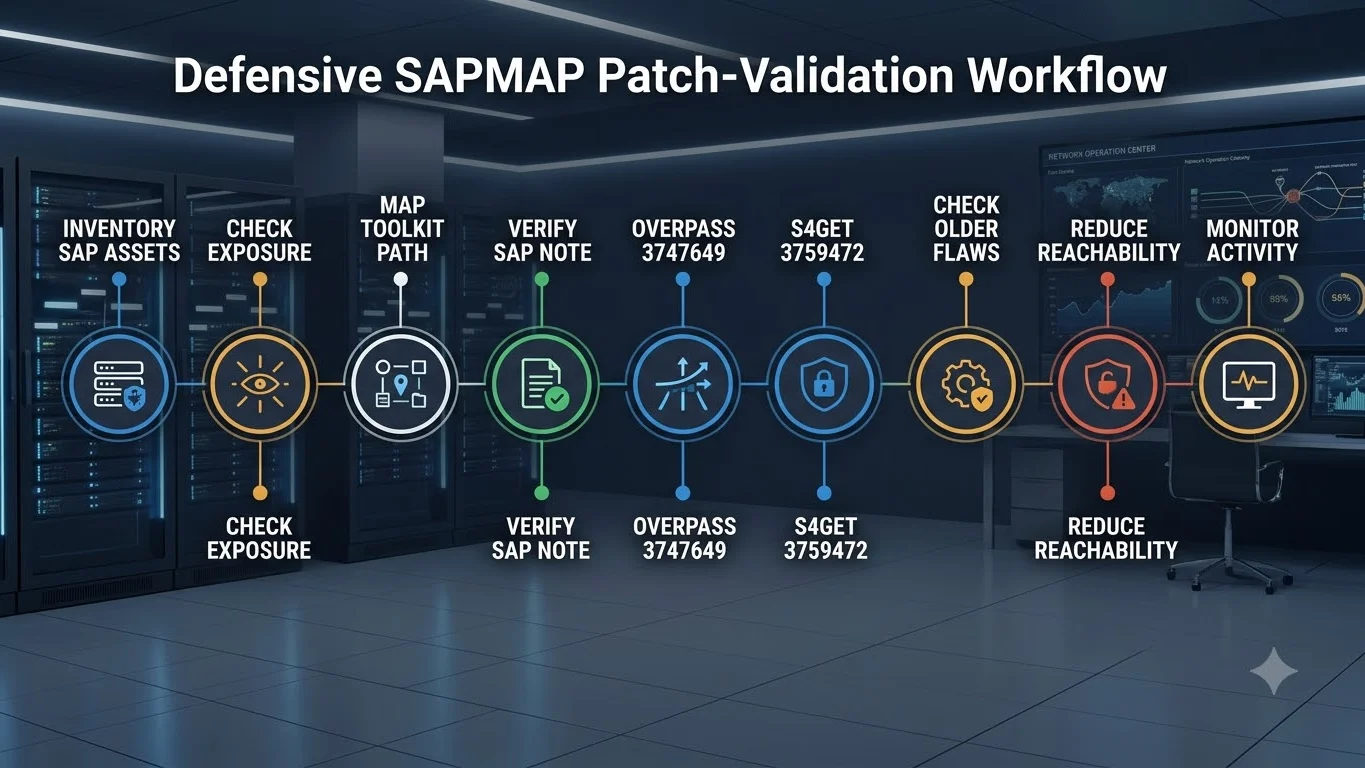 SAPMAP defensive decision path showing toolkit exposure, vulnerability mapping, SAP Security Note checks and monitoring