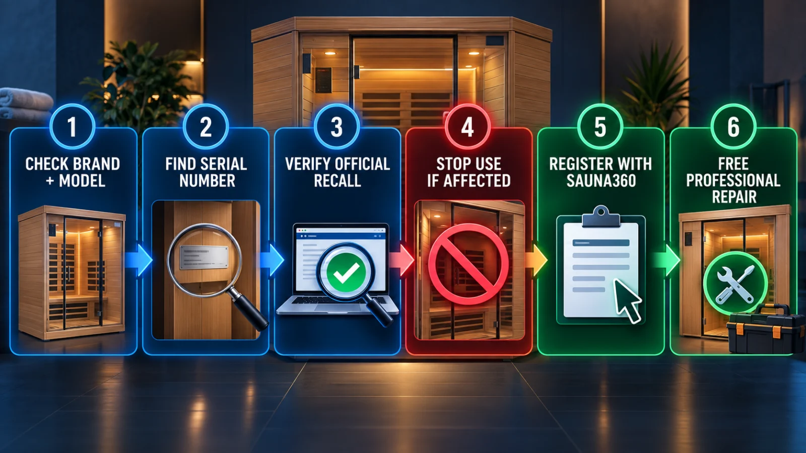 Workflow for checking a recalled infrared sauna model, stopping use and arranging Sauna360 professional repair