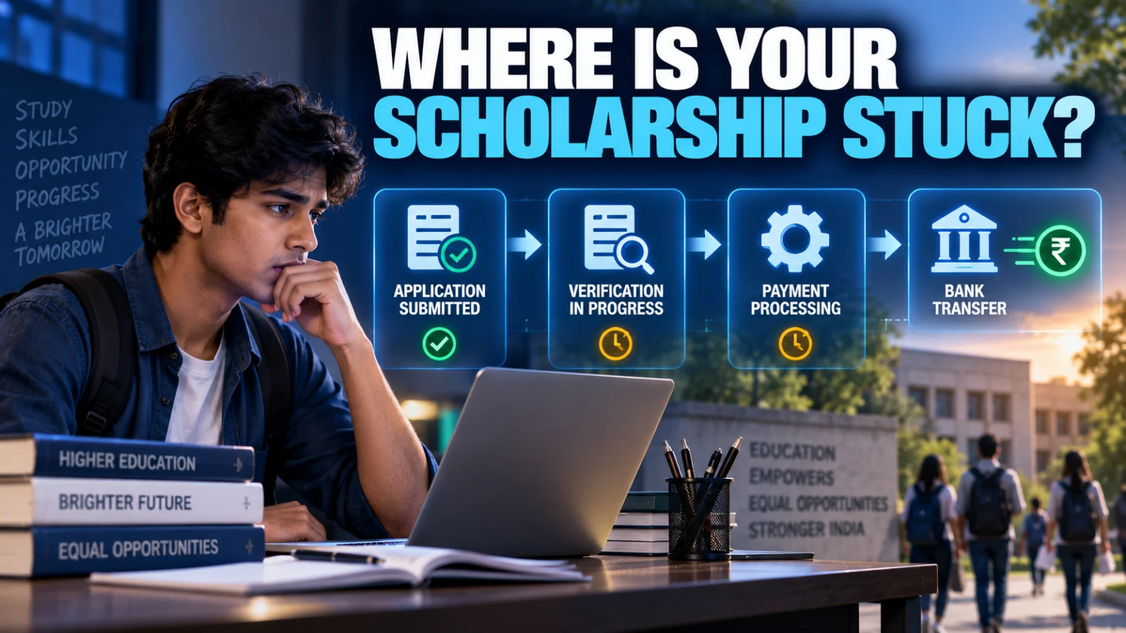 Student checking scholarship verification and payment stages for a pending Post-Matric Scholarship