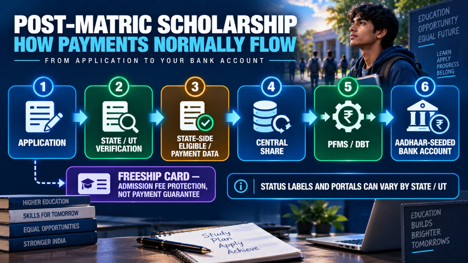 SC Post-Matric Scholarship workflow from application and State verification to PFMS DBT and bank credit