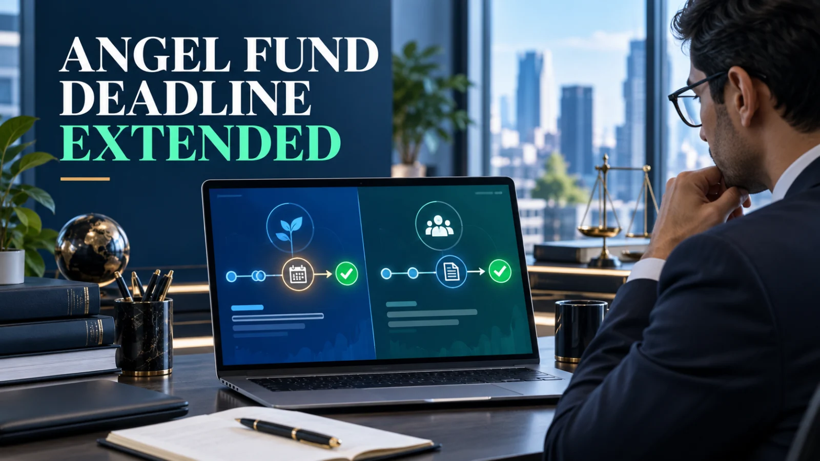 Editorial finance illustration of an Angel Fund compliance timeline with separate investor-transition and first-close deadline paths.
