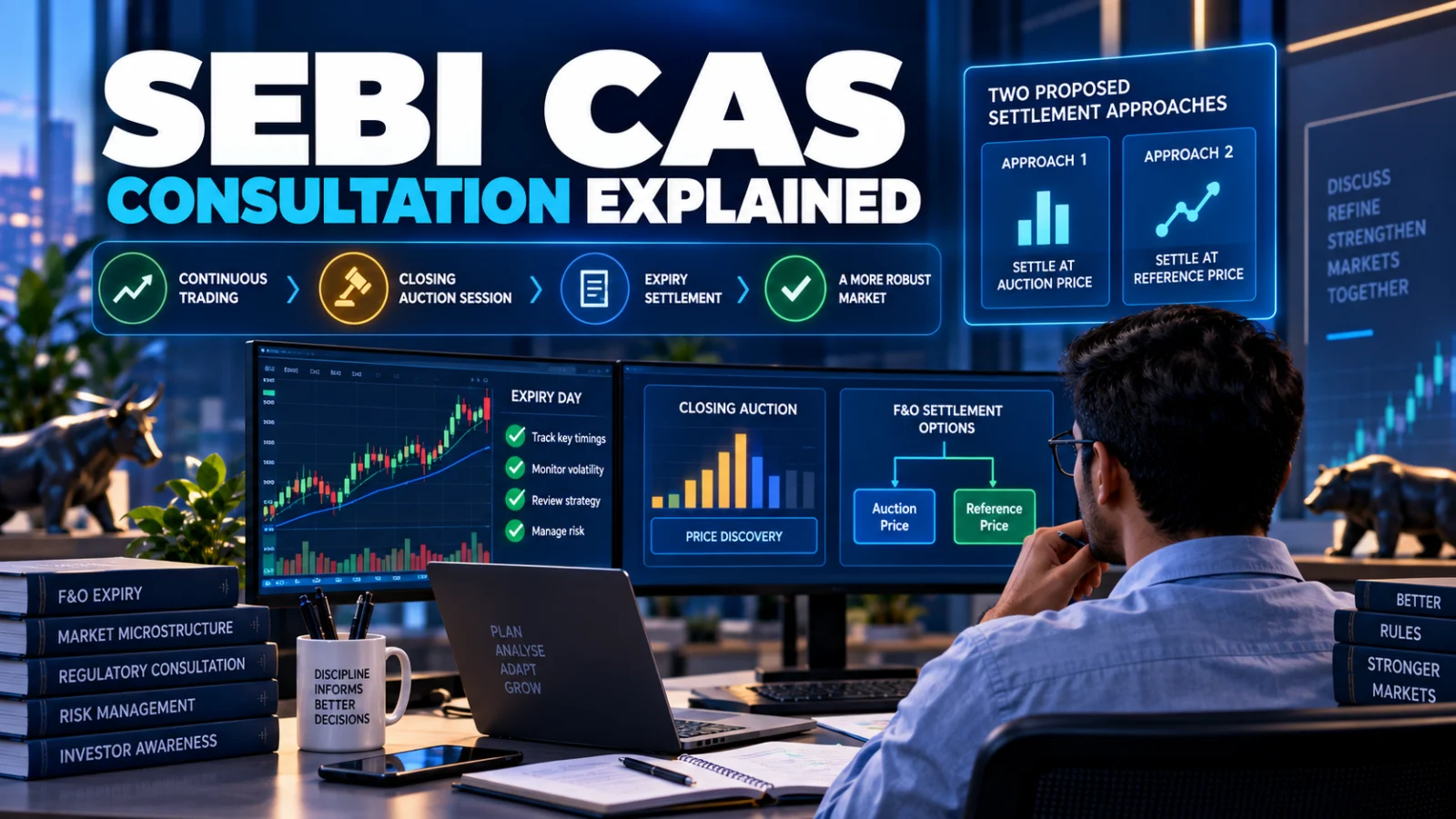 Editorial illustration of an Indian trader comparing proposed F&O expiry settlement approaches after CAS