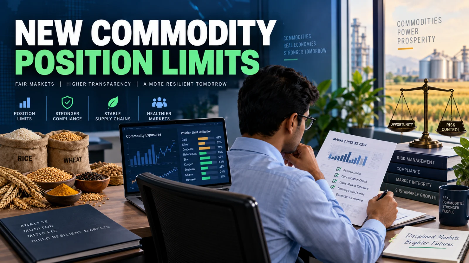 Editorial image showing commodity position limits, agricultural derivatives and penalty controls