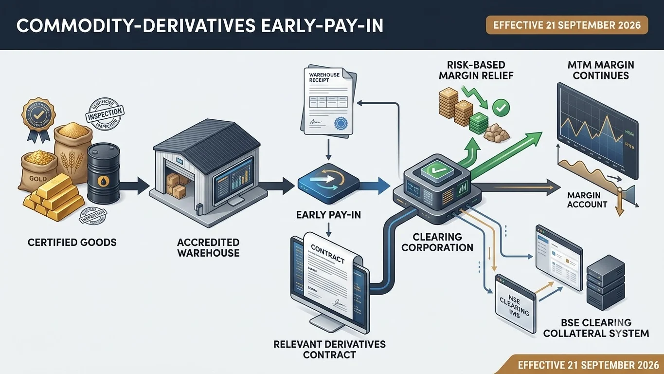 SEBI commodity early-pay-in flow from certified goods and accredited warehouse to margin relief with MTM retained