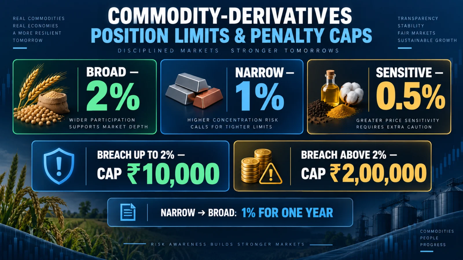 Infographic comparing new Broad, Narrow and Sensitive commodity position limits and breach penalty caps