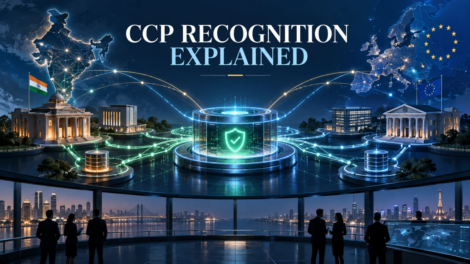 Editorial illustration of Indian and European clearing systems linked through regulatory cooperation for CCP recognition.
