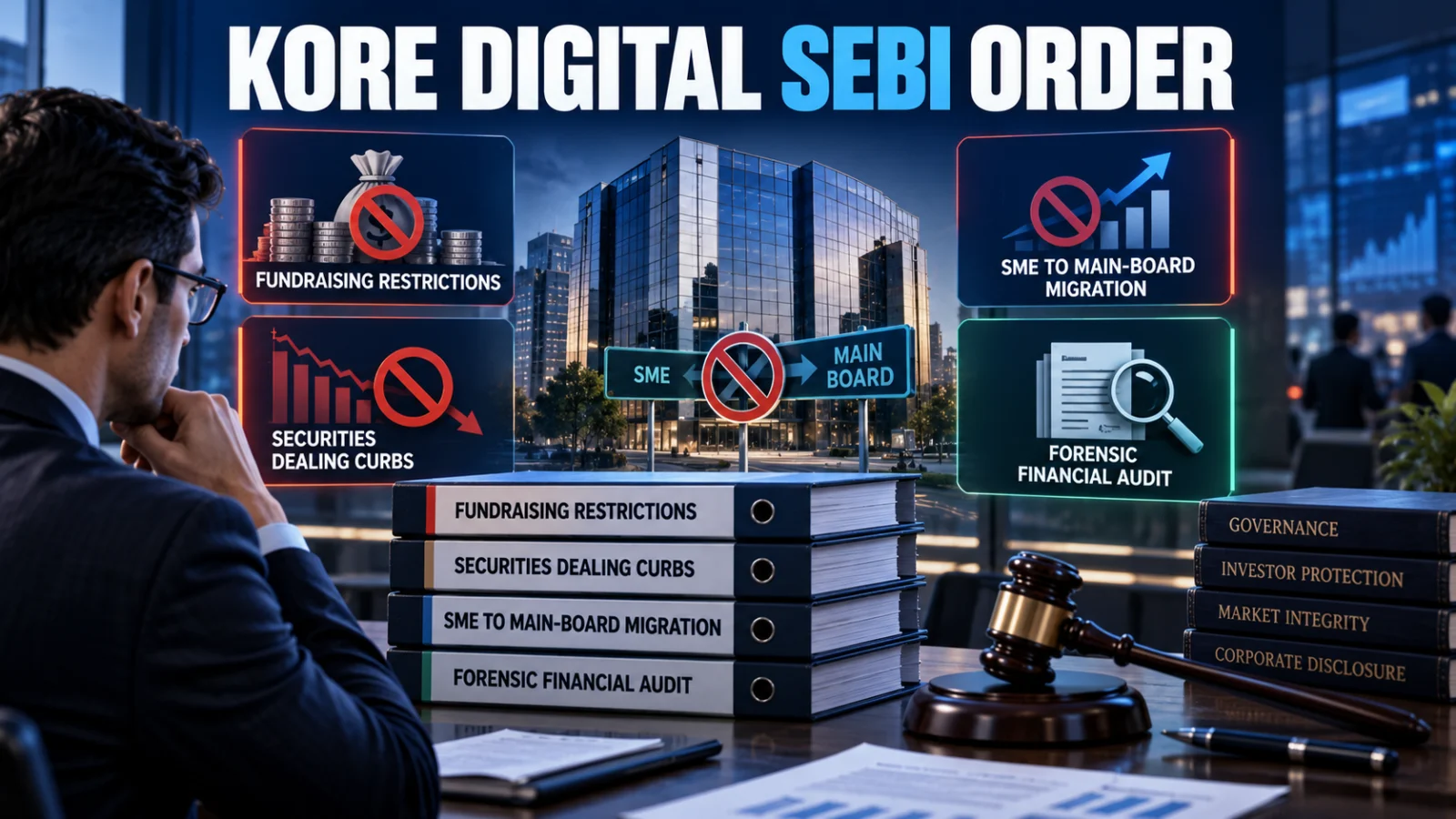Editorial illustration of SEBI's Kore Digital interim order with fundraising and forensic-audit themes