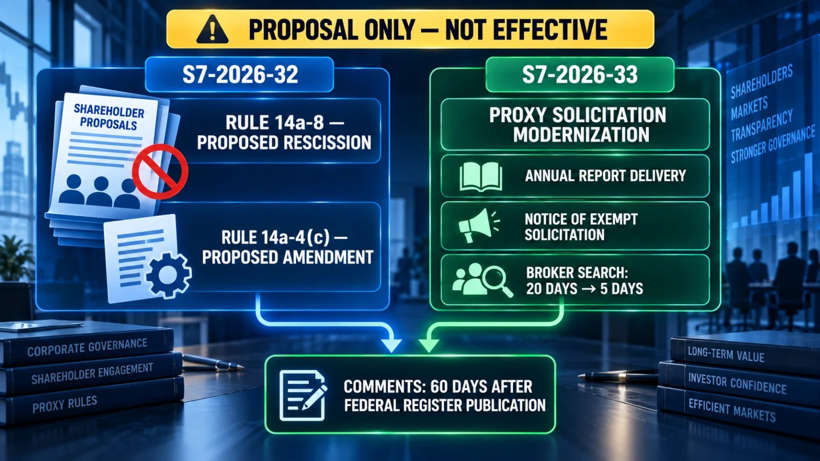 Infographic separating the SEC Rule 14a-8 proposal from the separate proxy solicitation modernization proposal