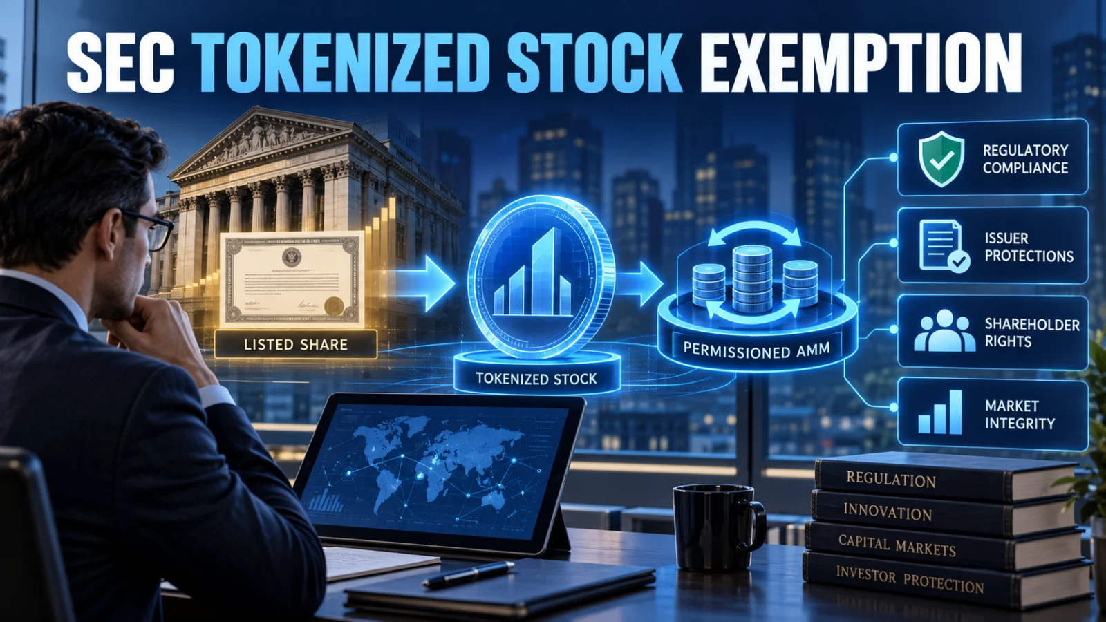 Editorial illustration explaining the SEC Tokenized Stock Innovation Exemption and its trading conditions