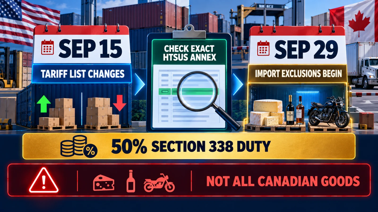 Explainer comparing September 15 Section 338 tariff changes with September 29 import exclusions for specified Canadian products