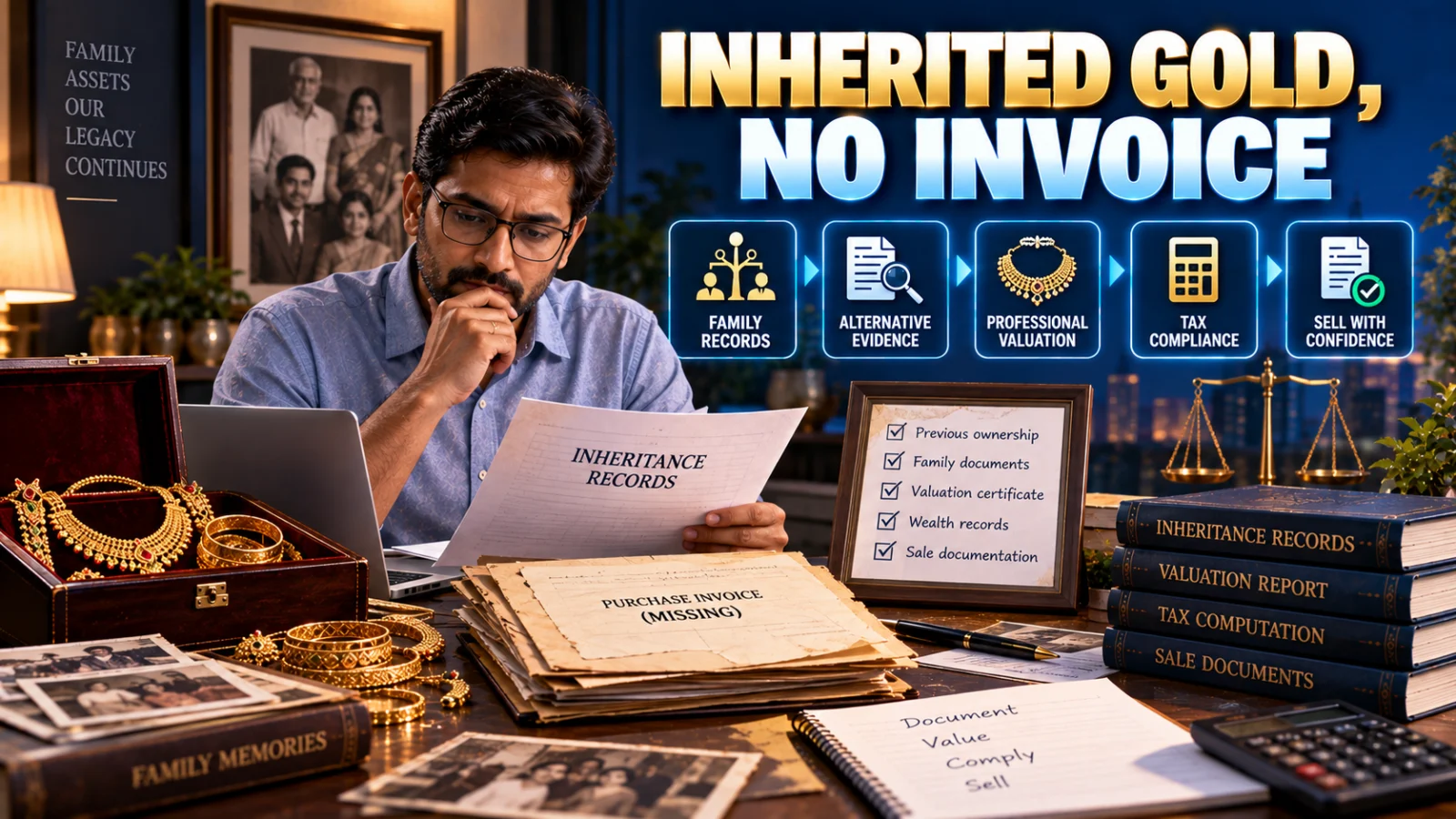 Indian heir reviewing inherited gold jewellery with old family records and missing purchase documentation