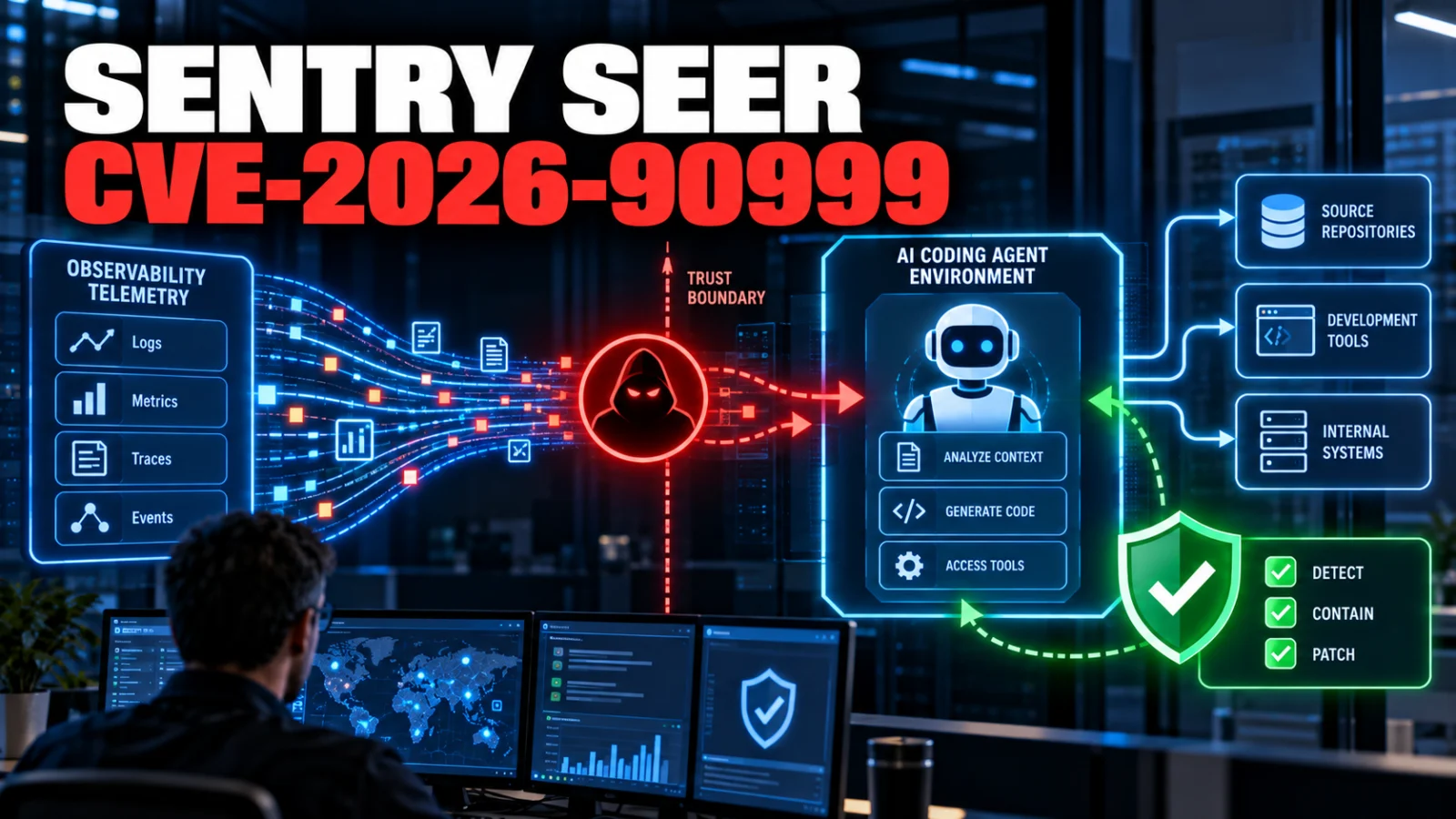 Editorial cybersecurity illustration of a coding-agent trust boundary affected by Sentry Seer CVE-2026-90999