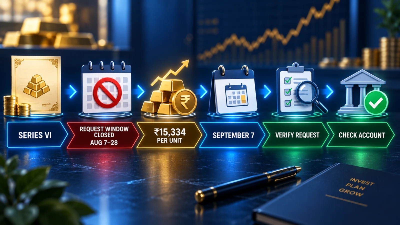 Decision path showing the closed Series VI request window, ₹15,334 redemption price and September 7 payment verification