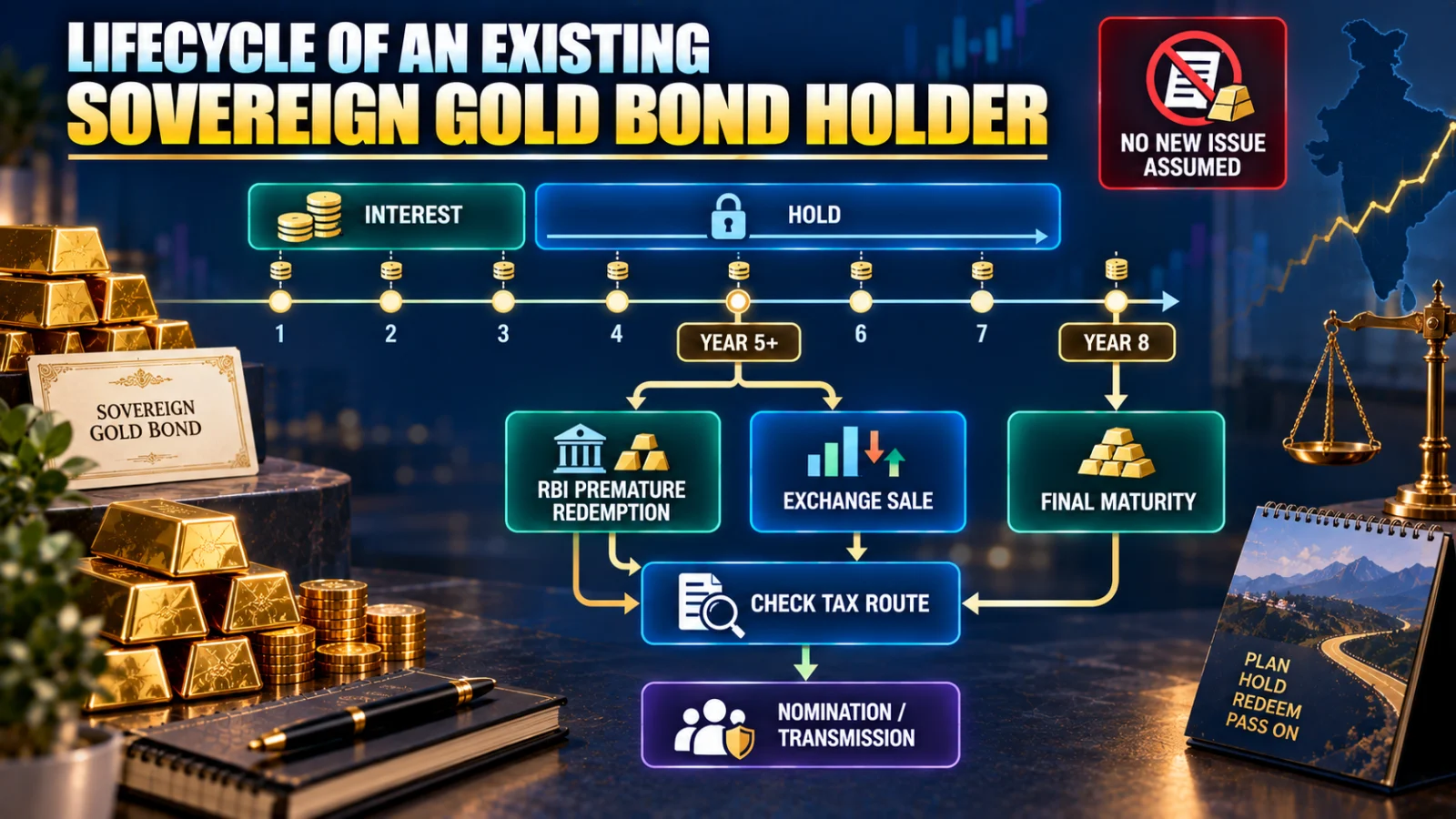 Infographic showing the Sovereign Gold Bond holder lifecycle from interest and holding through premature redemption, exchange sale, maturity, transmission and tax