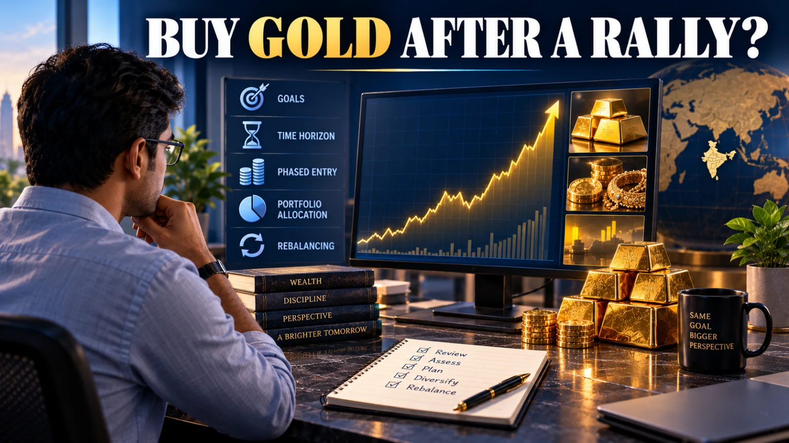 Investor reviewing a sharply rising gold chart alongside portfolio allocation and decision cues