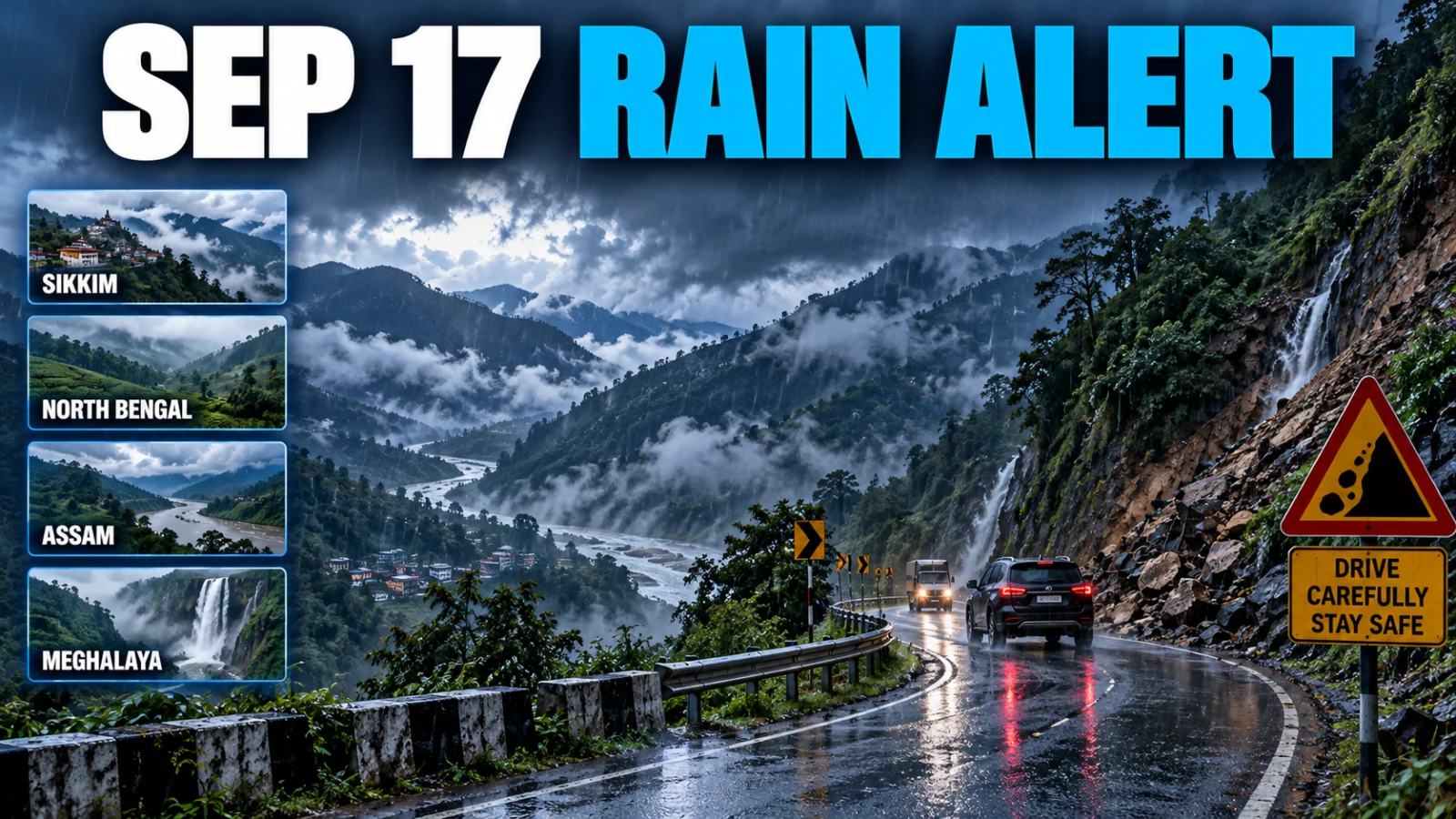Heavy rain and landslide-risk conditions on a Northeast Indian mountain road during the September 17 warning