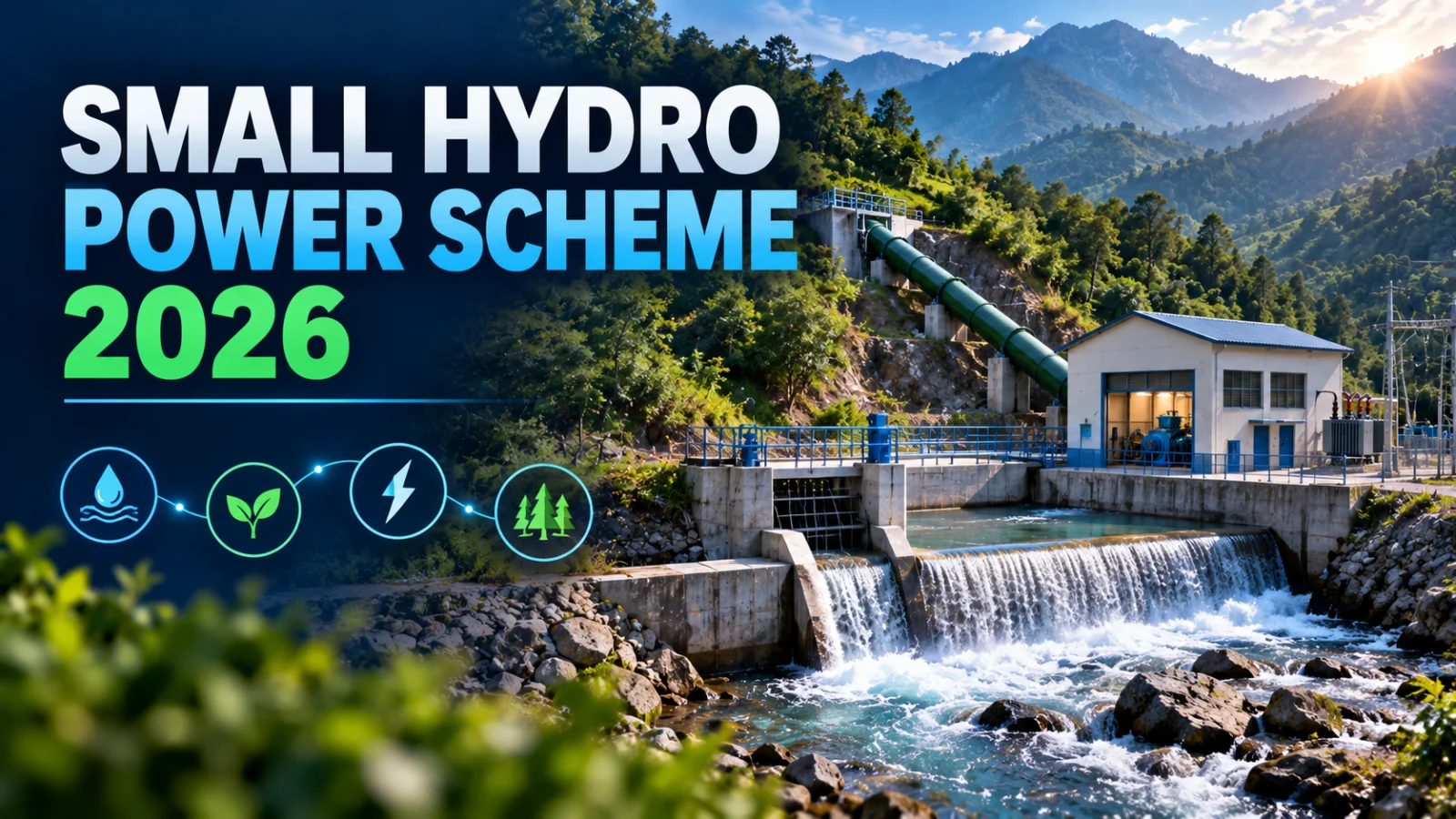 Editorial illustration of a small hydro power project in a hilly Indian landscape with a river diversion and compact powerhouse