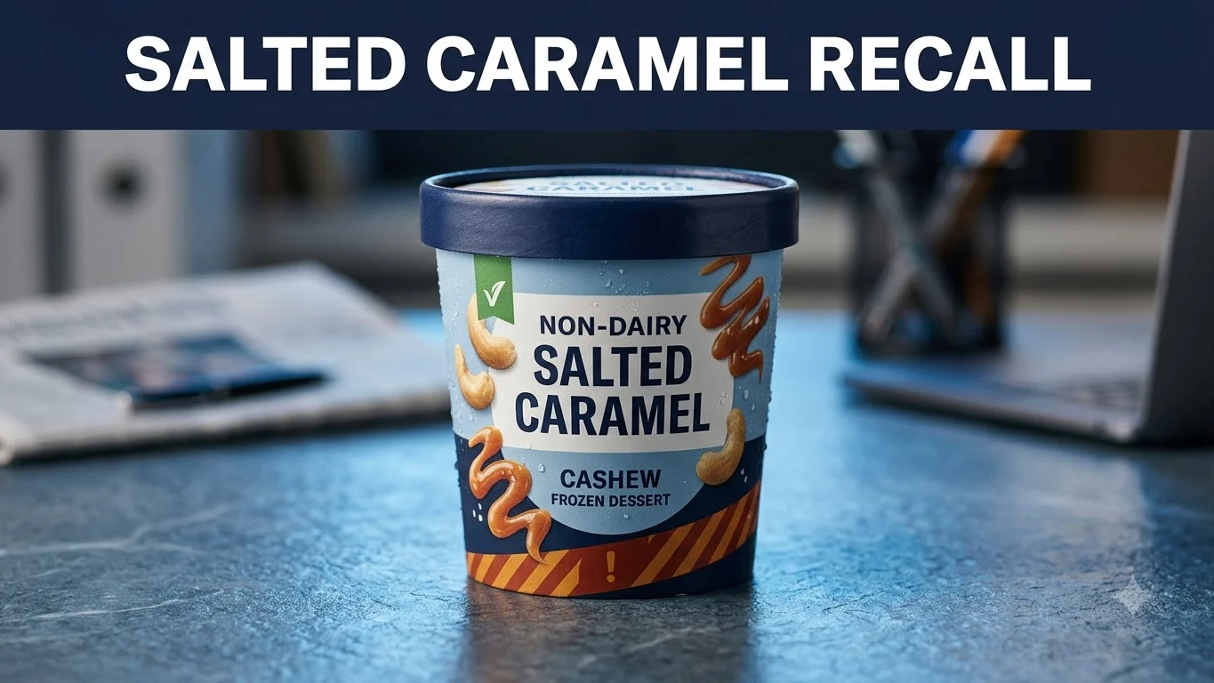 Generic salted caramel non-dairy frozen dessert pint shown in a consumer recall safety illustration