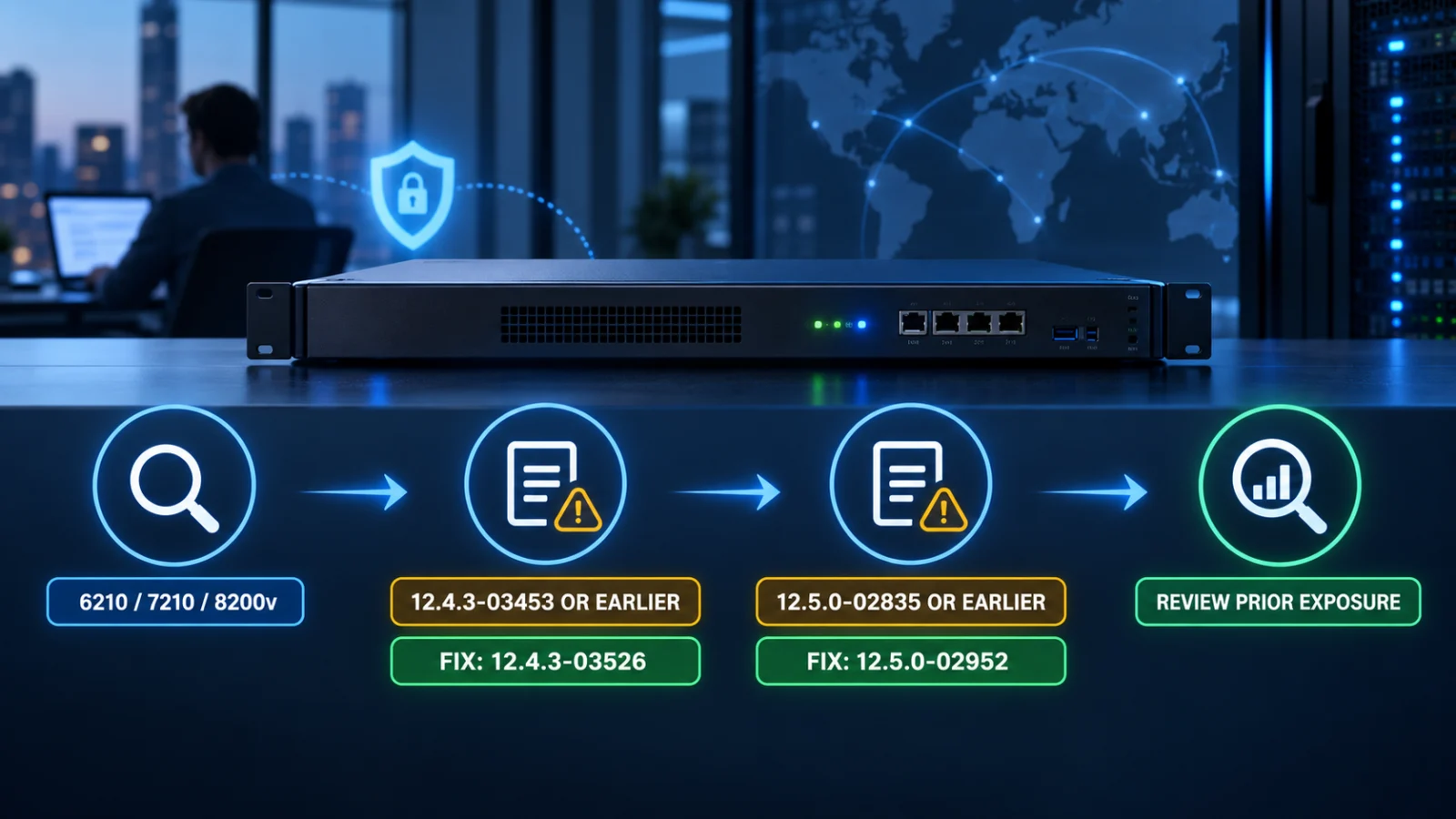 Decision path showing affected and fixed SMA1000 platform-hotfix branches and compromise review