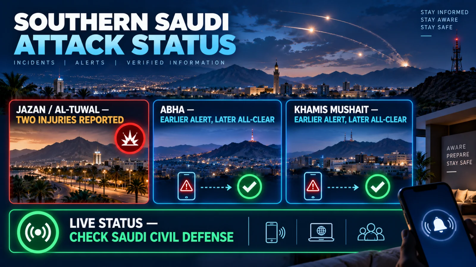 Timeline showing Jazan reported injuries and earlier Abha and Khamis Mushait warnings followed by all-clears
