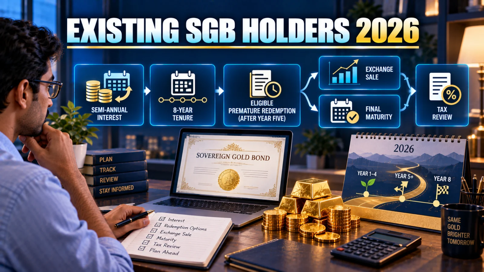 Indian investor reviewing an existing Sovereign Gold Bond holding with interest, redemption, maturity and tax decision cues
