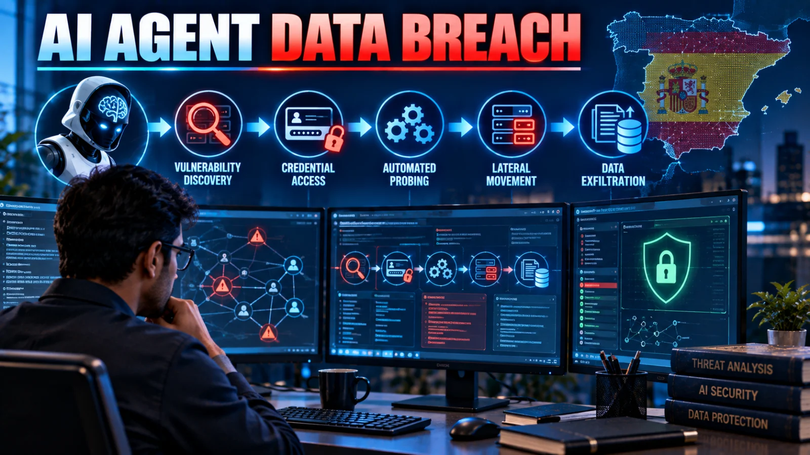 Cybersecurity analyst examining an AI-agent-driven personal-data breach with automated attack-chain indicators
