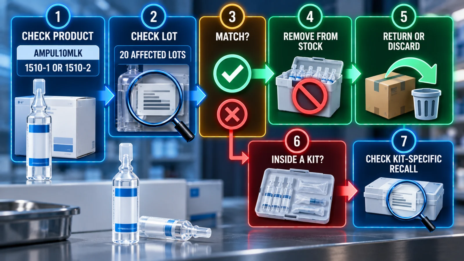 Spectra sodium chloride flush recall workflow for product code, lot check and affected stock removal