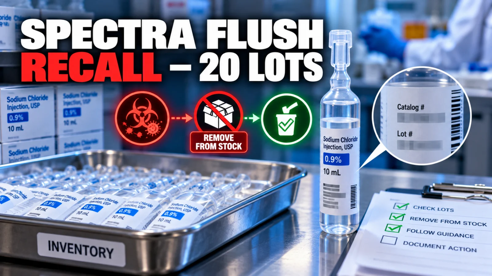 Sodium chloride flush ampule recall illustration with lot-verification and stock-removal safety concepts