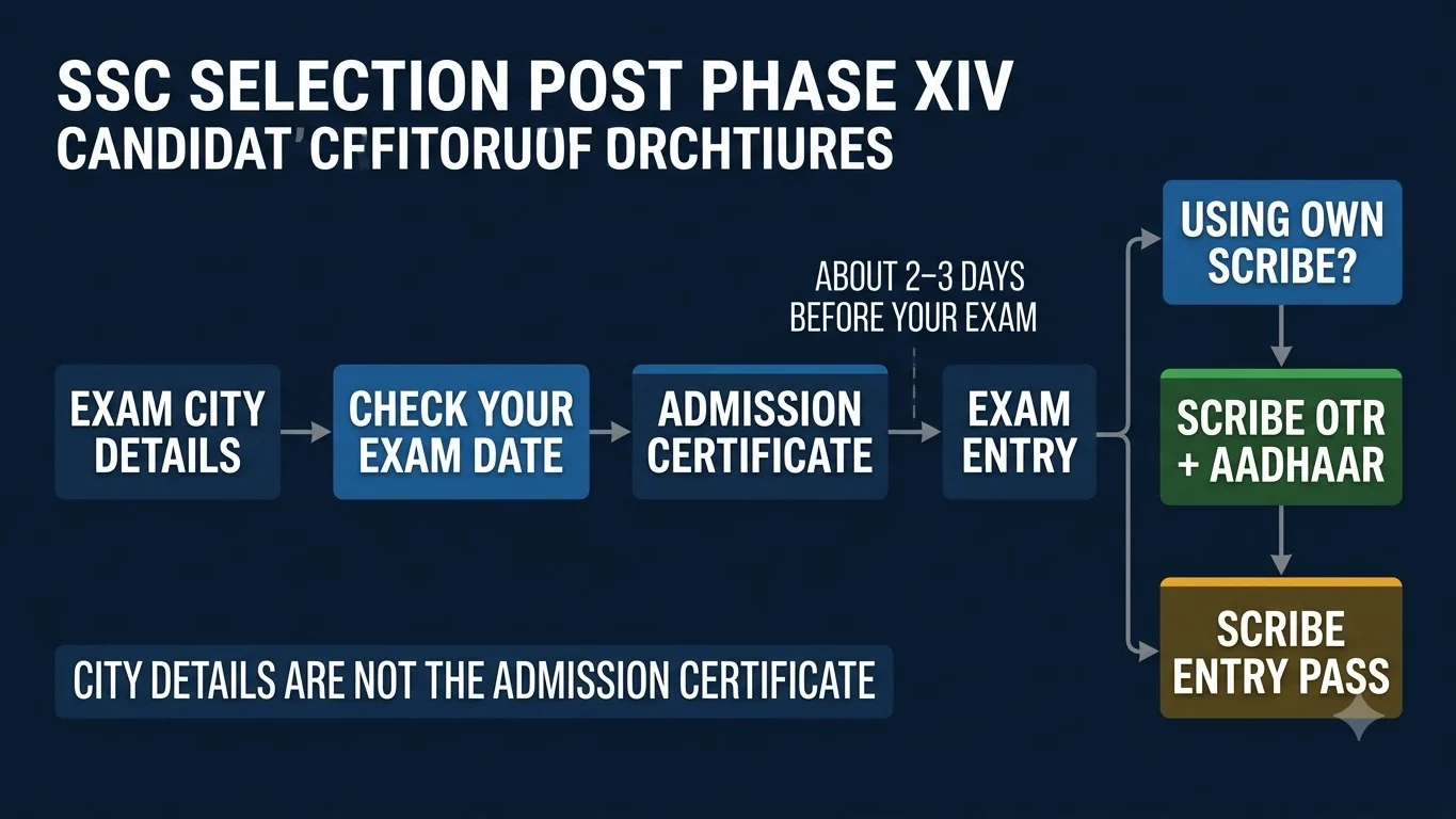 Diagram separating SSC exam-city information, Admission Certificate and scribe Entry Pass stages