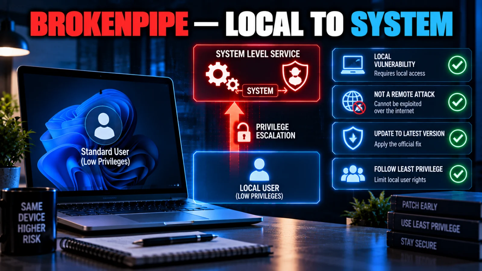 Cybersecurity illustration showing a local Windows user privilege boundary escalating toward SYSTEM-level service access