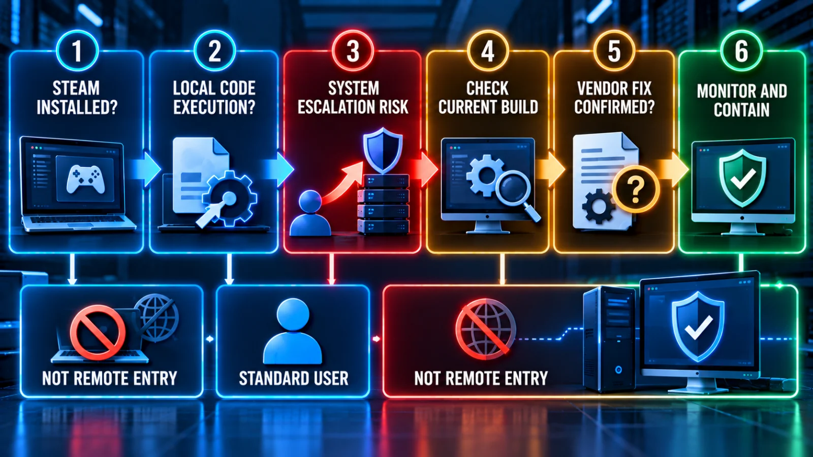 BrokenPipe decision path distinguishing local code execution, standard-user access, SYSTEM escalation and unresolved vendor fix status