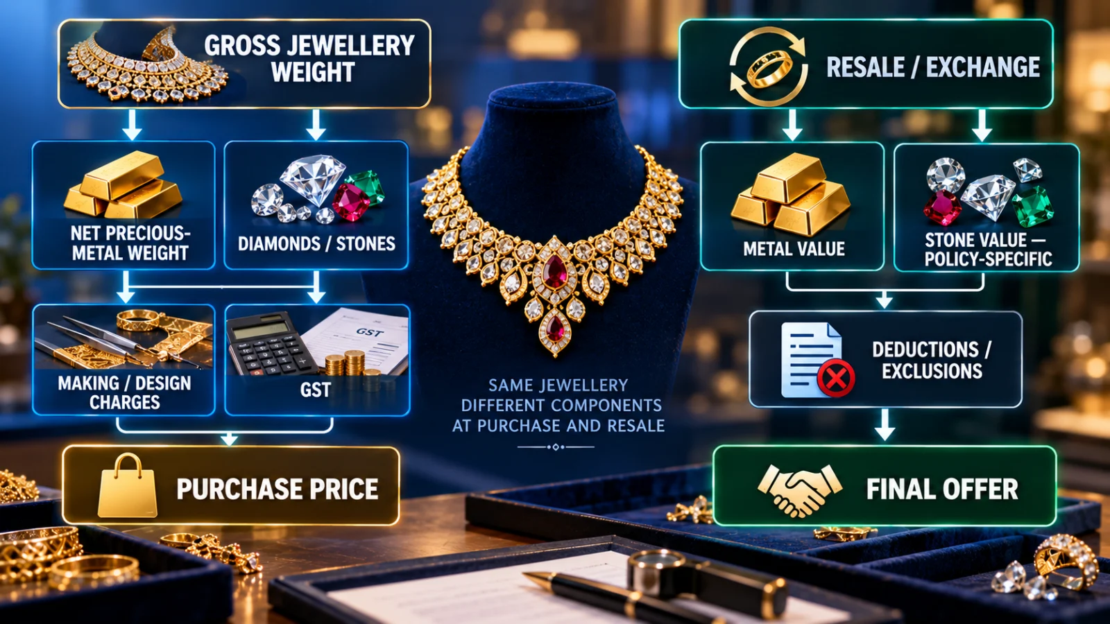 Infographic separating gross jewellery weight, net precious-metal weight, stones, purchase costs and resale valuation