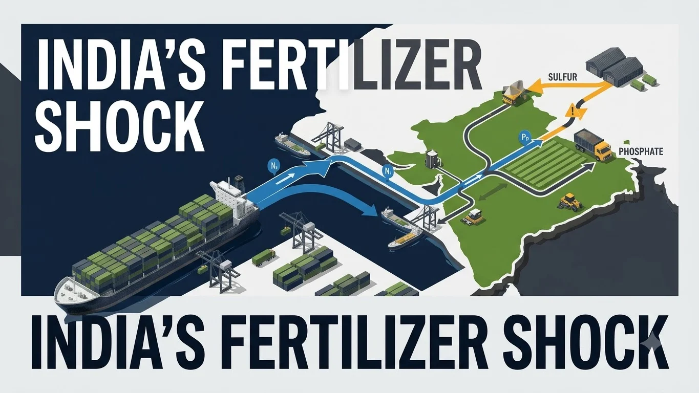 Editorial illustration of India's fertilizer import shift with nitrogen cargo, sulfur constraints and phosphate supply pressure
