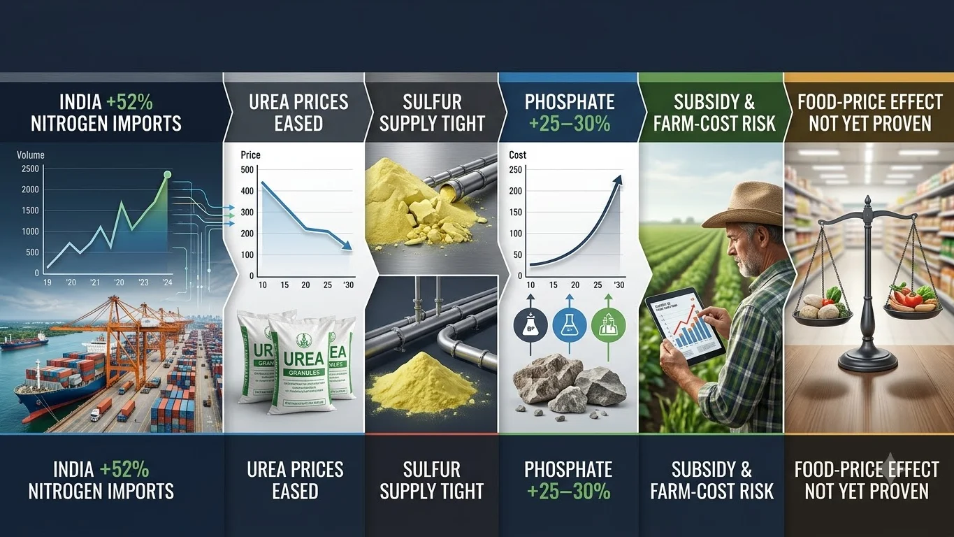 Infographic showing India's Hormuz fertilizer supply shift from higher nitrogen imports to sulfur and phosphate pressure and food-cost risk