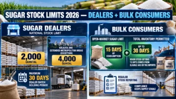 Sugar Stock Limit 2026: 2,000 Quintals for Dealers, 30 Days for Bulk Consumers